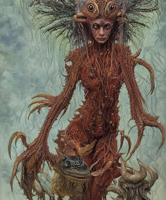 Prompt: a portrait photograph of a fierce hannah simone as an alien harpy queen with slimy amphibian skin. she is trying on evil bulbous slimy organic membrane fetish fashion and transforming into a fiery succubus insectoid amphibian. by donato giancola, walton ford, ernst haeckel, brian froud, hr giger. 8 k, cgsociety