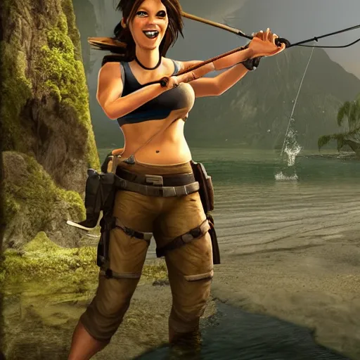 Prompt: lara croft fishes and she laughs because she got shoes