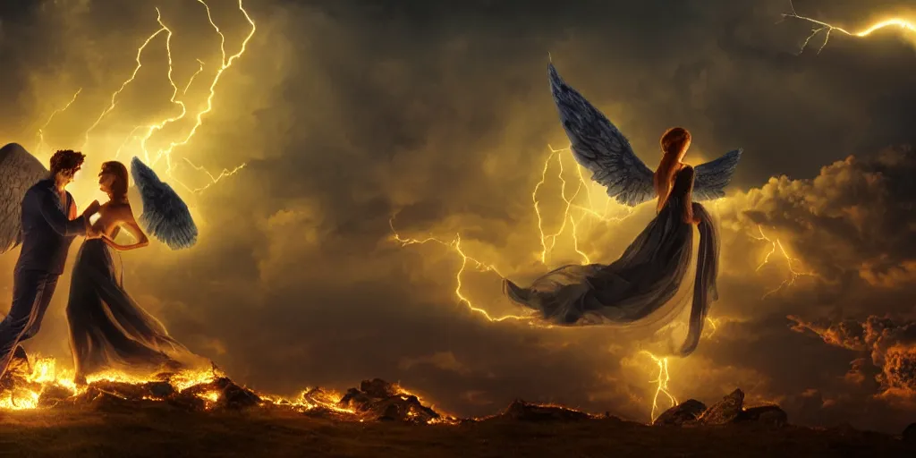 Image similar to young couple falling through clouds, winged angel kissing demon with tail. background clouds, illuminated by lightning and fire. highly detailed. photorealistic