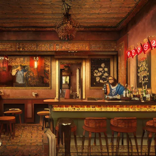 Prompt: a small bar in a city, decorated with sakura, caravaggio, watercolor fine art, multi - layer technique, orientalism, academicism, beautiful, highly detailed, color harmony, perfect composition, octane render, ornate, beautiful lighting, cg society, highly detailed, 5 k extremely detailed, 3 d. cinematic scene. sharp image, divine rule