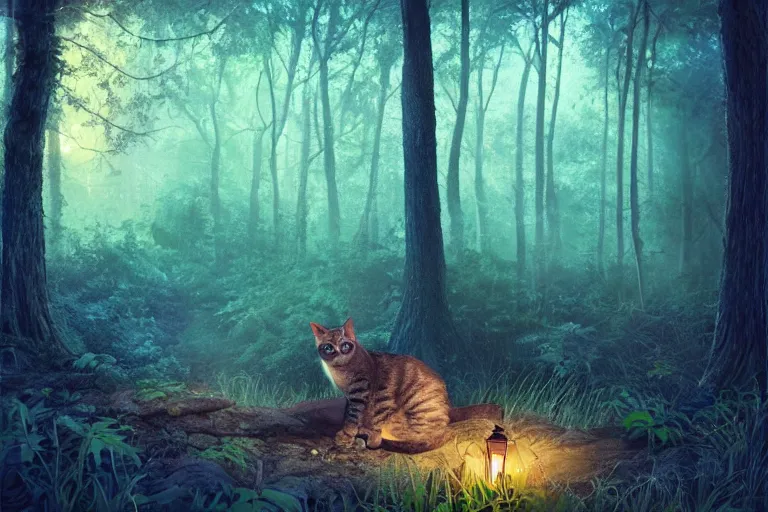 Prompt: a cat in a forest at night with fireflies, backlighting, trending on artstation, night lighting, cgi, bokeh, dreamy