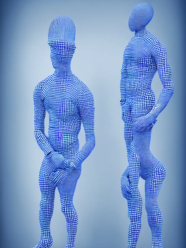 Image similar to a fine art photograph formal self sculpture by the artist kelbv, in realistic style with tubes neatly navigating the contours of his body, and disjoint body pumped full with blue and white gingham ellipsoids, perfect studio lighting.