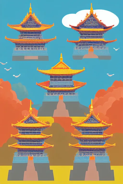 Image similar to minimalist boho style art of colorful quanzhou, twin stone pagodas at kaiyuan temple, llustration, vector art