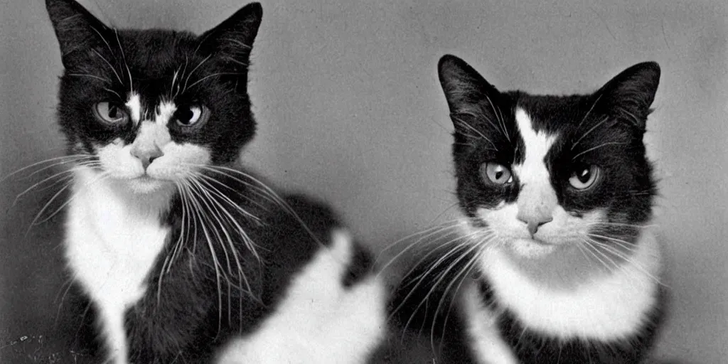 Image similar to very old black and white photo from 1898, film grain, a very surprised cat with large eyes looks into your soul