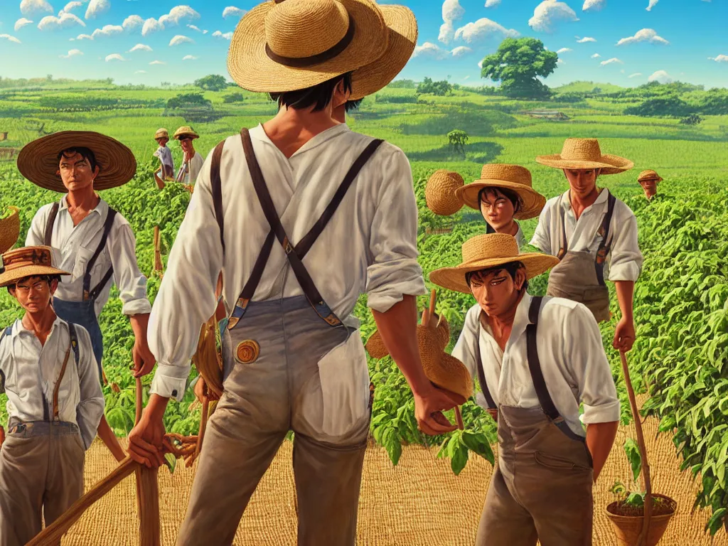 Image similar to mandragora farmers working on the sunny day, wearing a suspenders and straw hats, artgerm, artstation, art by hiroaki samura and jiro matsumoto and yusuke murata, box office hit, movie poster, unreal engine, octane render, sharp focus, high quality, highly detailed 8 k