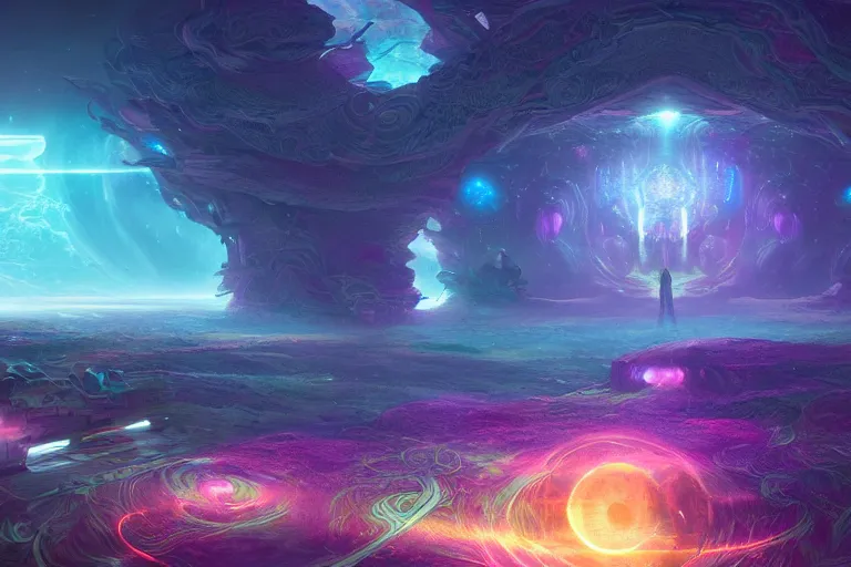 Image similar to a psychedelic realm at the edge of existence where intensely creative astral beings exist, they are summoning an astral vehicle, in the style of WLOP, illustration, epic, fantasy, hyper detailed, smooth, unreal engine, sharp focus, ray tracing