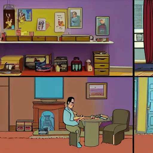 Image similar to Screenshot from Disney Pixar's Seinfeld (2022), inside Jerry's apartment