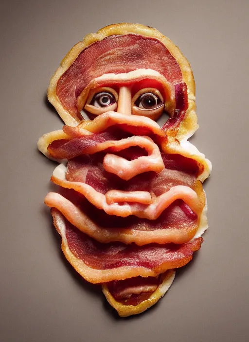 Image similar to bacon in the shape of a human face, human face made out of bacon, kevin bacon made out of bacon, professional food photography, unreal engine