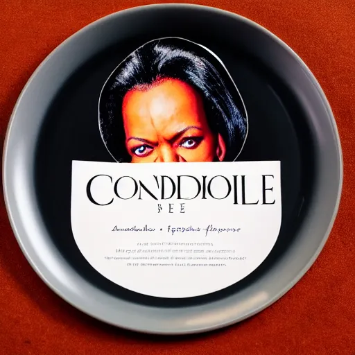 Image similar to Condoleezza Rice commemorative plate, studio photograph, XF IQ4, 150MP, 50mm, F1.4, ISO 200, 1/160s, natural light, Adobe Photoshop, Adobe Lightroom, photolab, Affinity Photo, PhotoDirector 365