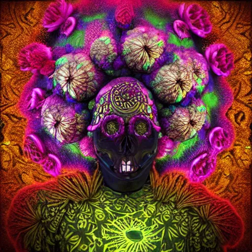 Image similar to a golden skull face african marijuanna shaman with an afro made of flowers, third eye art art by machina infinitum, complexity from simplicity, rendered in octane, mandelbulb 3 d, ambient occlusion, macro photography, felt!!! texture, tribal, neon! retrowave