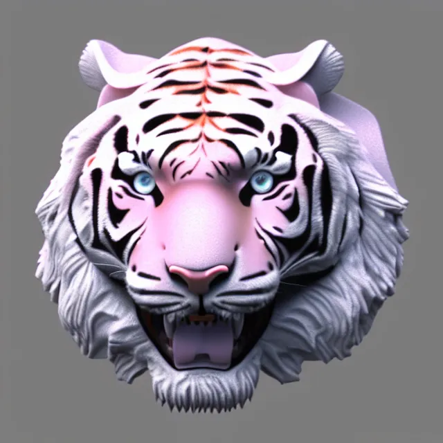 Prompt: 4 k 3 d render of a gigantic tiger head made of crystaline rose quartz, symetrical features.