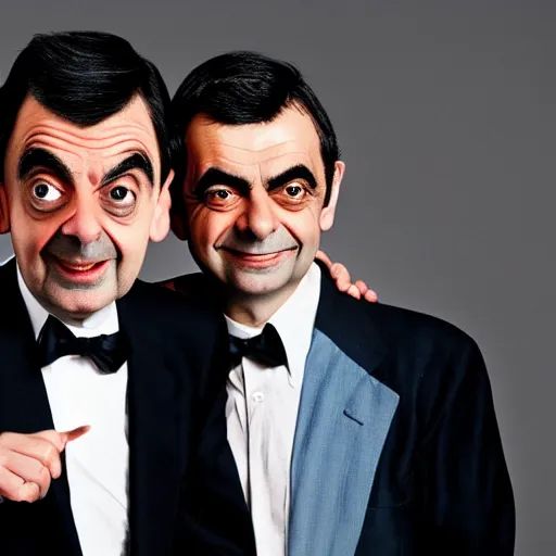 Image similar to A portrait mr bean teams up with a teenage rowan atkinson, perfect faces, 50 mm, award winning photography