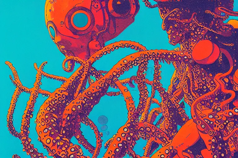 Image similar to risograph grainy drawing vintage sci - fi, satoshi kon color palette, gigantic gundam full - body covered in iridescent dead coral reef 1 9 6 0, kodak, with lot tentacles, natural colors, codex seraphinianus painting by moebius and satoshi kon and dirk dzimirsky close - up portrait