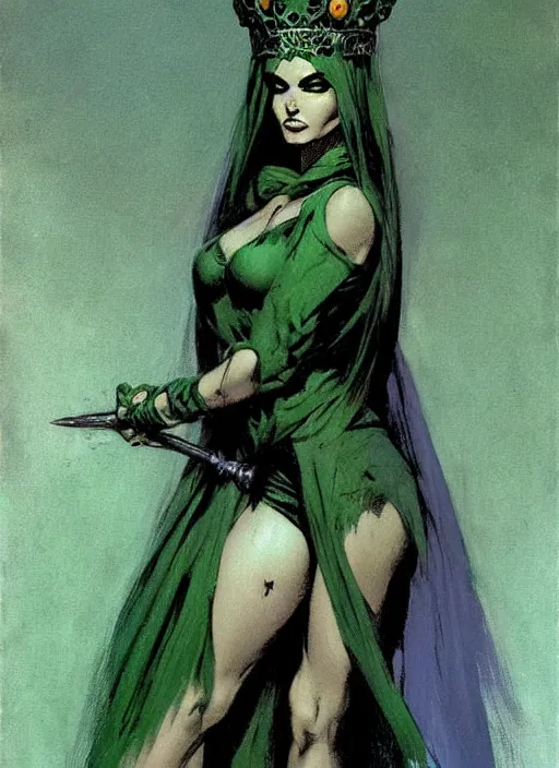 Image similar to mighty plump female necromancer sorceress, green tiara, strong line, muted color, beautiful! coherent! by frank frazetta, by brom