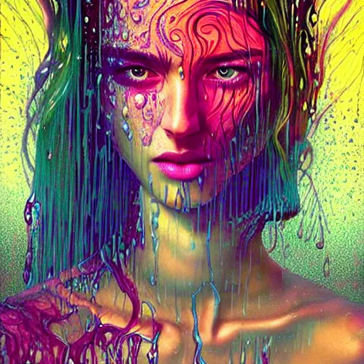 Image similar to bright asthetic portrait of LSD in rain with wet hair and face, liquid, fantasy, intricate, elegant, dramatic lighting, highly detailed, lifelike, photorealistic, digital painting, artstation, illustration, concept art, smooth, sharp focus, art by John Collier and Albert Aublet and Krenz Cushart and Artem Demura and Alphonse Mucha