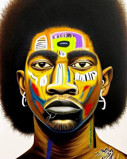 Image similar to A extremely ultra highly detailed majestic hi-res beautiful immaculate head and shoulders award winning painting stunning masterpiece of the face of a ultra highly detailed strong black African warrior man with an afro portrait by Jean-Michel Basquiat, 8k, high textures, ultra hyper sharp, insanely detailed and intricate, super detailed, 8k HDR ultra high quality, high detail, hyperrealist, photorealistic, octane render, cinematic, high textures, hyper sharp, 4k insanely detailed and intricate, surrealism, surrealist, real life, lifelike, 8k, hyper realistic, super detailed, realistic, 4k HDR hyper realistic high