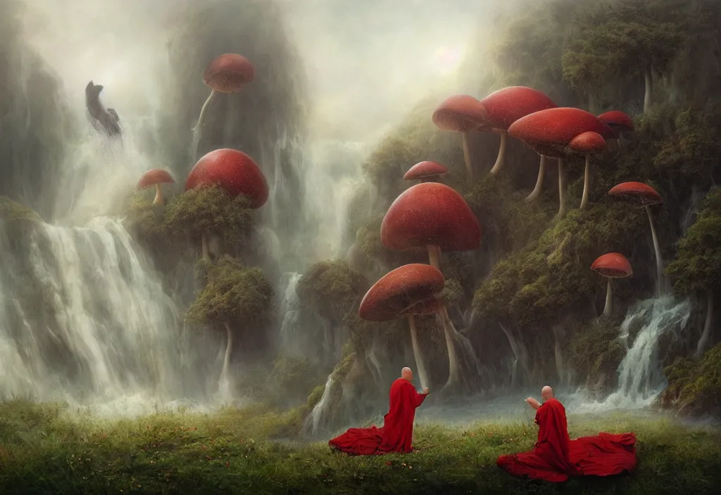 Prompt: floating lands in-clouds, foggy, volumetric fog, flying whales, sun beams, blooming grass, bird flocks!!, giant mushrooms, waterfalls, small monks in dark-red robes; by Tom Bagshaw, Ivan Shishkin, Hans Thoma, Asher Brown Durand