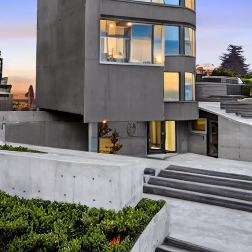 Prompt: a modern concrete mansion on the bluffs overlooking downtown san francisco