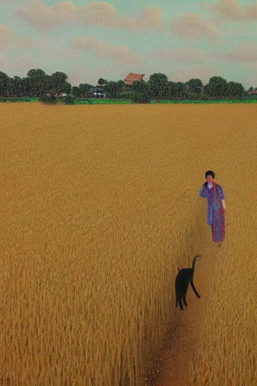 Image similar to cat farmer, walking in the wheat field, nature landscape on the background, fenghua zhong, sharp deep, oil art