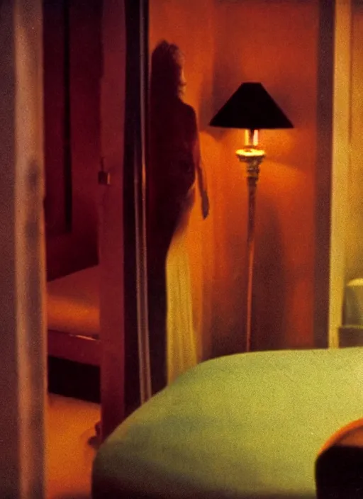 Prompt: dream scene from a underground 7 0's movie by chris cunningham, kenneth anger and luis bunuel : : interior view of a hotel room painted by edward hopper, an actress holding an surreal, absurd object in her hand : : shallow depth of field, smoke : : cinestill 8 0 0 tungsten 3 5 mm, high quality, novel color scheme, 8 k