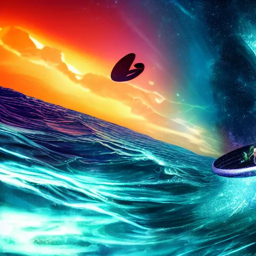 Image similar to photo of a alien surfing a surfboard on a crashing l wave of alien ocean in space, background is an alien galaxy, aliens in the background, alien colors, octane render, unreal engine, wide view, 8 k, high detaild