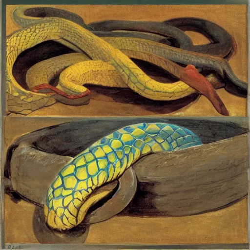 Image similar to A beautiful collage of a snake eating its own tail that seems to go on forever. electric color by Kurt Schwitters, by Henry Ossawa Tanner