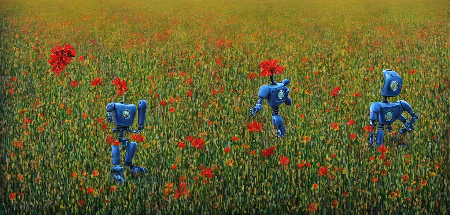 Image similar to detailed digital painting of a robot picking a flower in a beautiful open field, VISTA photography by Carr Clifton Galen Rowell