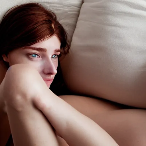 Prompt: portrait of a cute thin young woman, red blush, cute freckles wearing casual clothes, small smile, relaxing on a couch, cozy living room, close up shot, 8 k, art by ron mueck and irakli nadar, hyperrealism, hyperdetailed, ultra realistic