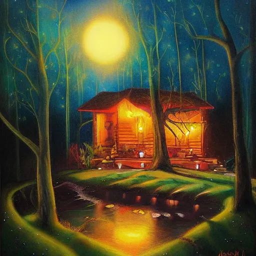 Image similar to forst at night with floating lights by Julie Bell