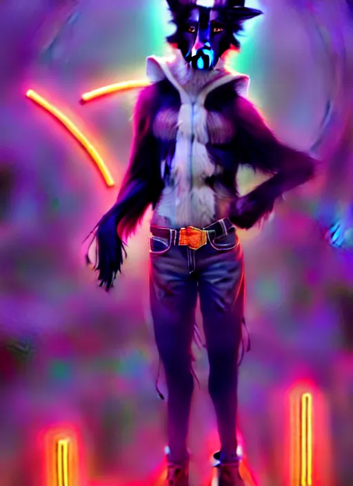 Image similar to wide angle beautiful full body portrait of a cute male anthropomorphic anthro border collie fursona wearing cowboy outfit in a neon metropolis, character design by charlie bowater, henry asencio, and ross tran, furry art, furaffinity, beautiful, glamor pose, detailed, aesthetic, trending on artstation