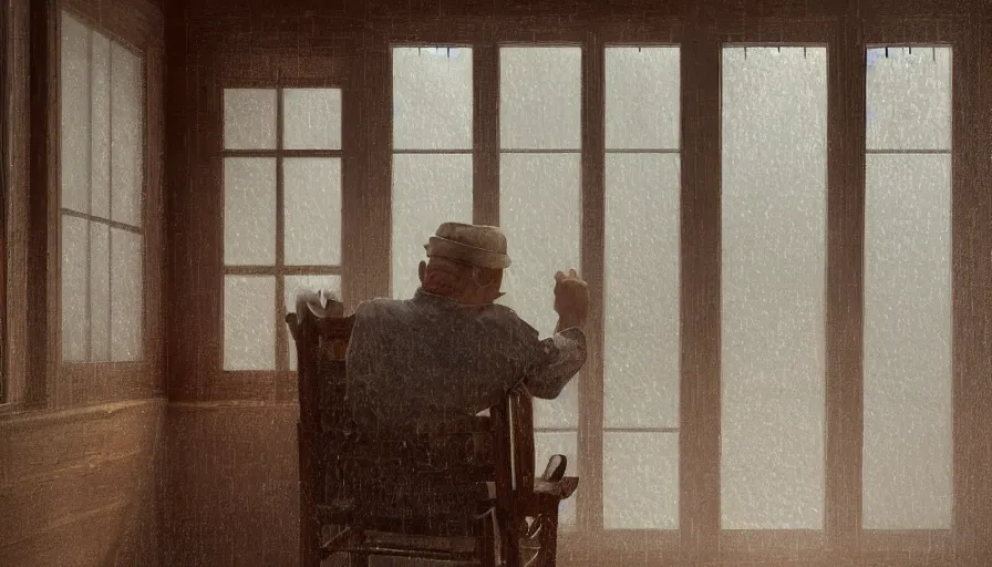 Image similar to Old man on his rocking chair looking the rain at the windows in his old wooden house, hyperdetailed, artstation, cgsociety, 8k