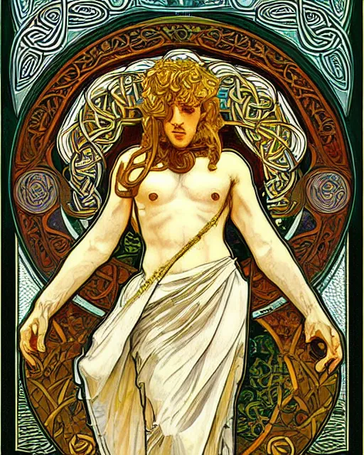 Image similar to an art nouveau painting of a the celtic god lugh, beautiful, shining sun, highly detailed, intricate, artstation, by alphonse mucha and james gurney