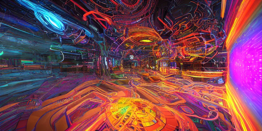 Prompt: A seamless 3D HDRI image finely detailed interconnected rainbow circuitry like colorful threads emerging from the darkness showing the thought process of AI, insanely detailed, unreal engine 8K, futuristic, sci-fi