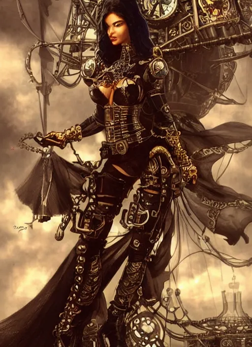 Image similar to front portrait of attractive Adriana Lima as Lady Mechanika hanging from a steampunk airship , Intrincate background with steampunk imagery , D&D!, fantasy style, sharp focus!, ultra detailed, art by Artgerm and Peter Andrew Jones, WLUP