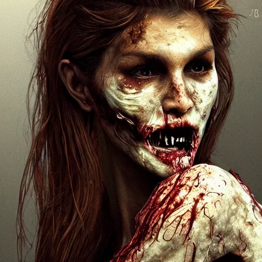 Prompt: young cindy crawford as a flesh eating zombie with cuts on face, 7 days to die zombie, fine art, award winning, intricate, elegant, sharp focus, cinematic lighting, highly detailed, digital painting, 8 k concept art, art by guweiz and z. w. gu, masterpiece, trending on artstation, 8 k