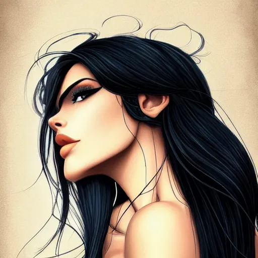 Image similar to a stunning upper body portrait of a beautiful woman with raven hair blowing in the wind by marvel comics, digital art, trending on artstation