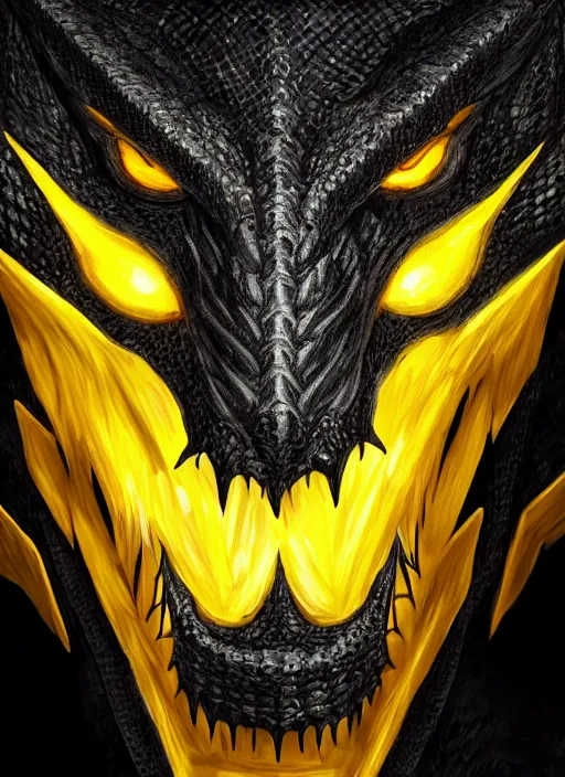 Image similar to closeup portrait of black dragon head with yellow eyes, ultra realistic, fantasy, magic, dnd,