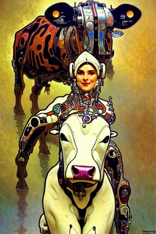 Image similar to cyborg cow, intricate, futuristic, fantasy, elegant, thomas kindkade, alphonse mucha, loish, norman rockwell,