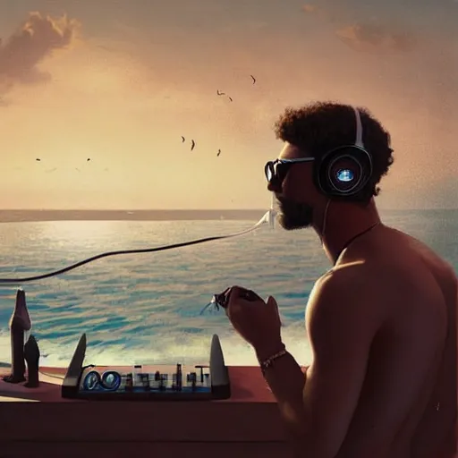 Prompt: dj white cockapoor wearing headphones, at a beach party in Ibiza, Greg Rutkowski, art station