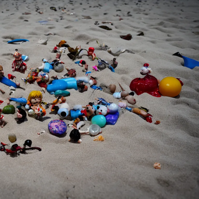 Image similar to surreal hyperrealistic photograph of a beach, toy dolls and parts of toy dolls strewn about, shot toward the ocean, wide shot, long shot