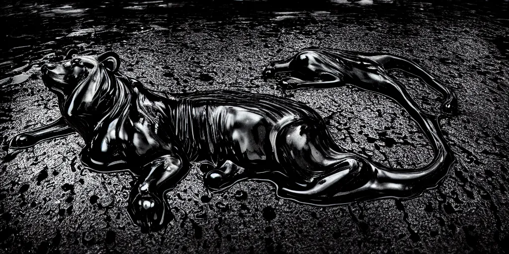 Image similar to the black lioness made of ferrofluid, laying on their back, bathing in a bathrub filled with tar, dripping tar, drooling goo, covered in slime, sticky black goo, dripping goo, sticky black goo. photography, dslr, reflections, black goo, rim lighting, cinematic light, tar pit, chromatic, saturated, slime, modern bathroom