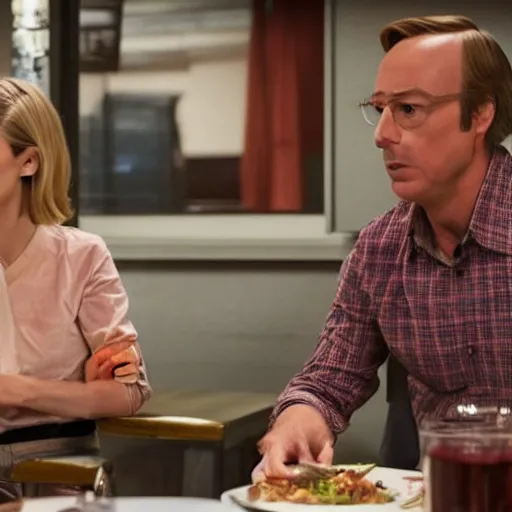 Image similar to full shot, panning left right, Woody from Toy Story in Better Call Saul having dinner with Kim Wexler