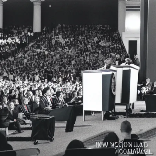 Prompt: President Richard Nixon addresses the National Youth Leadership Conference. CineStill