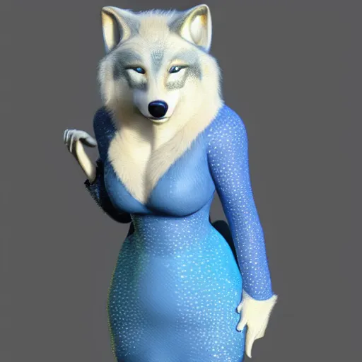 Prompt: 3 d render, well toned, large and tall, female, anthropomorphic wolf with a short snout, blue scales with white spots, icey blue dress, fur covering her chest.