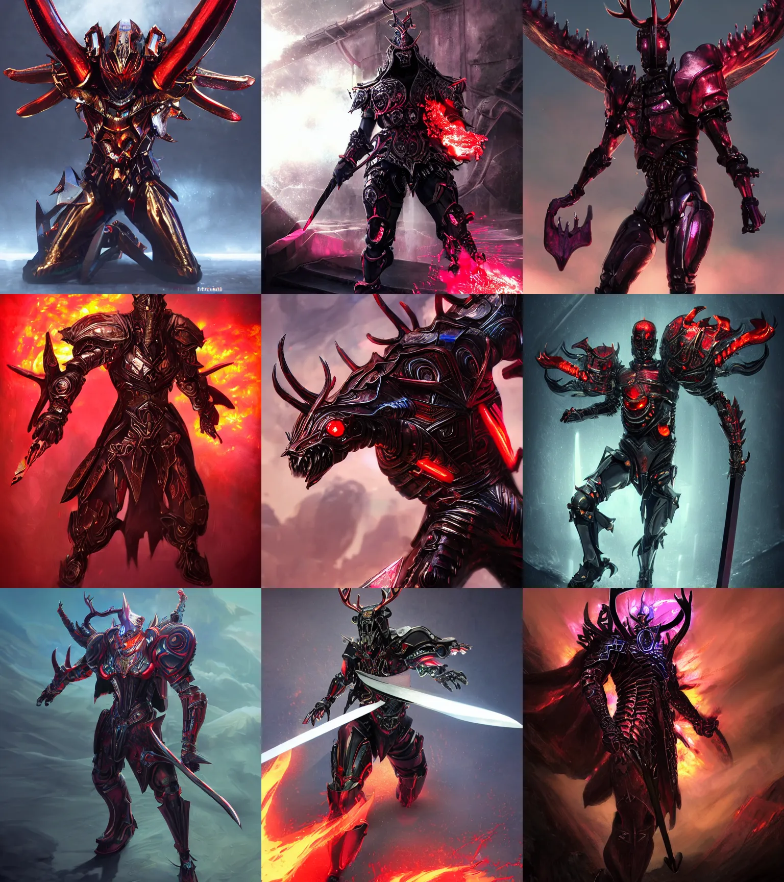 Prompt: legendary king entity, body of red thick iridescent metal scales, ominous, cybernetic genius, powerful god, battle stance, action pose, brandishing sword, 3 d unreal concept artwork, obsidian gothic sharp antlers helmet, gritty, matte, fire, intricate, rich iridescent specular colors, makoto shinkai, greg rutkowski, colorful, hd