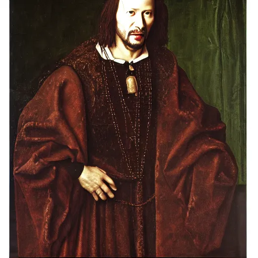 Image similar to portrait of keanu reeves, oil painting by jan van eyck, northern renaissance art, oil on canvas, wet - on - wet technique, realistic, expressive emotions, intricate textures, illusionistic detail