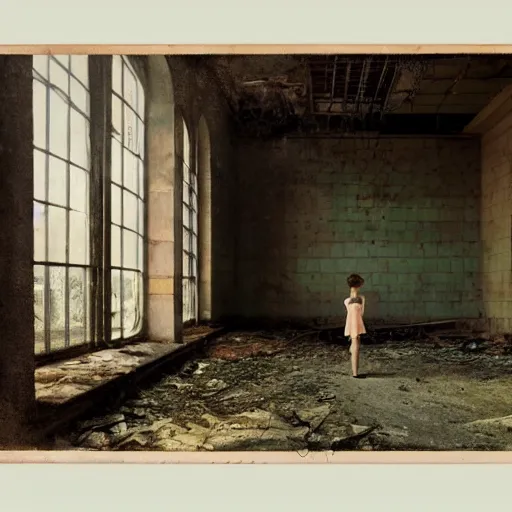 Prompt: a beautiful young girl in an abandoned soviet factory, daguerreotype by edward hopper, by henri rousseau, by Bosch, art noveau, highly detailed, strong lights, liminal, eerie, Bright pastel colors, octane render, 8k,