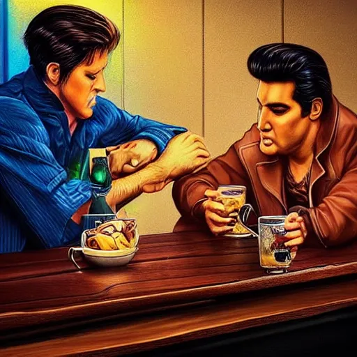 Image similar to “Garfield the cat and Elvis Presley sitting at the bar, realistic, hiperrealist, photorealist, intricate, sharp focus, cinematic lights, Artstation HQ, Deviantart trending, 4K UHD, masterpiece”