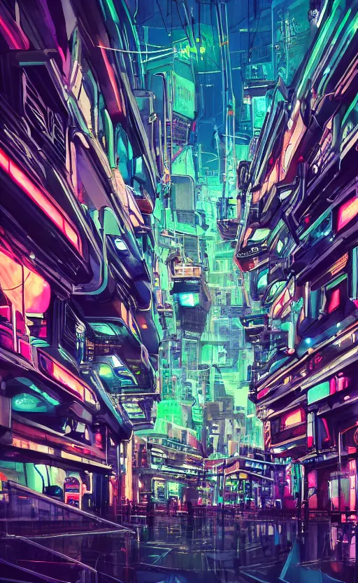 Image similar to lively futuristic sci-fi city superstructure, neon lights and illuminated windows, grungy textures and graffiti, crowds of people, cinematic street view, long sight lines with starry sky, clean 8k sci-fi illustration, trending on art station