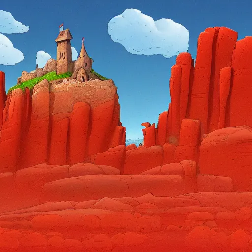 Prompt: digital painting of a castle on a red rock plateau painted by Nathan Fowkes for a Disney movie